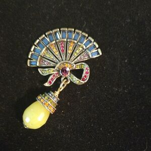 Elegant Yellow and Blue Fan Brooch with Decorative Drop